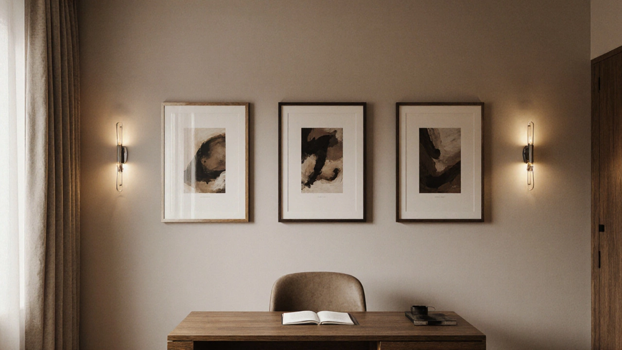 A finished wall display of three harmoniously spaced artworks illuminated by soft lighting.
