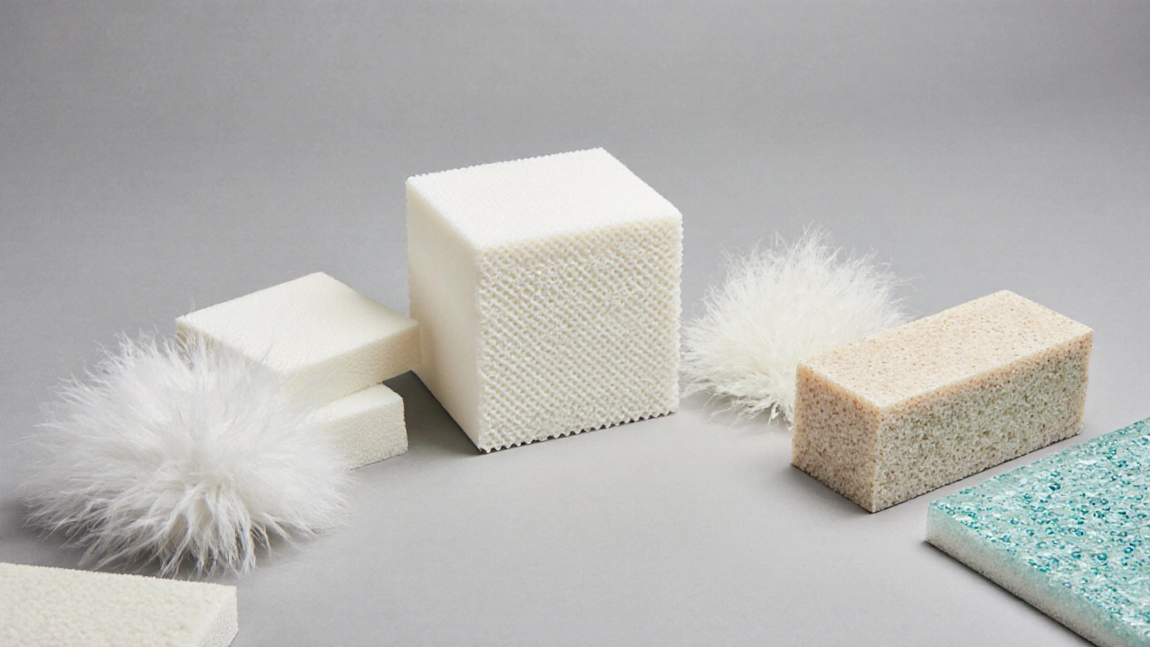 Close‑up flat‑lay of seven different couch cushion materials showing their textures.