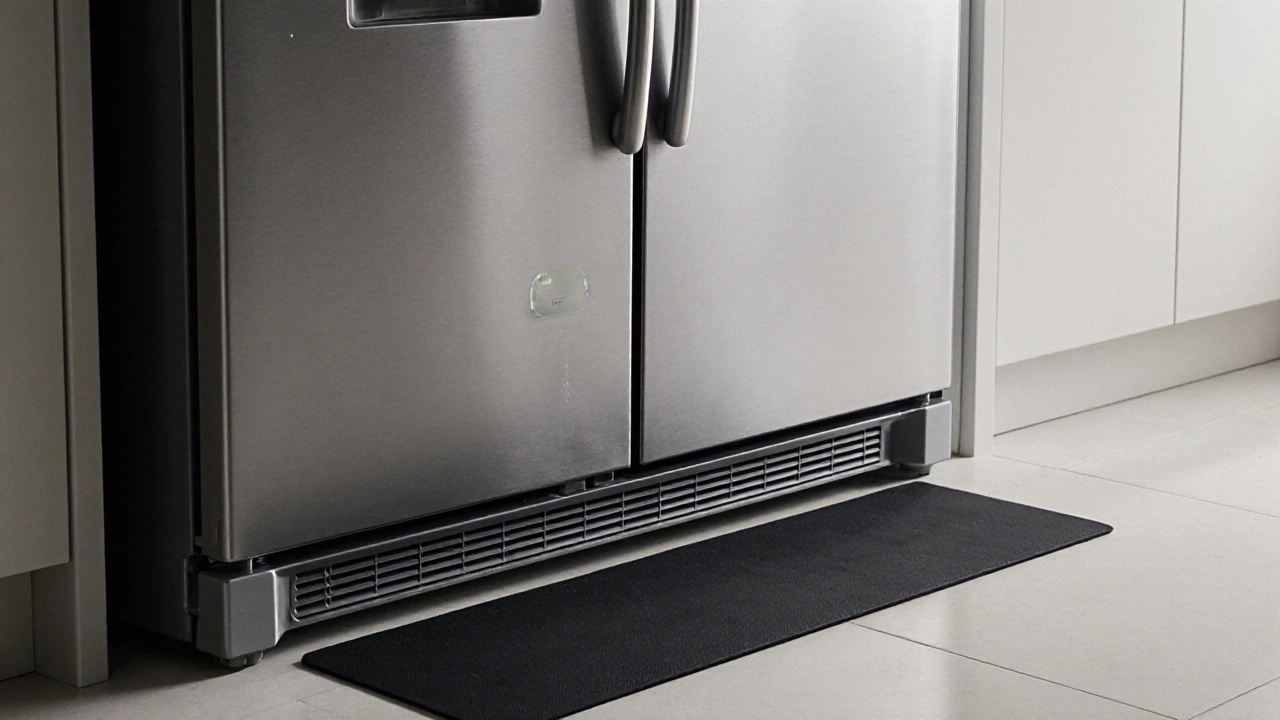 Close-up of a properly installed fridge with 90 cm door clearance, ventilation gap, and a mat on the floor.