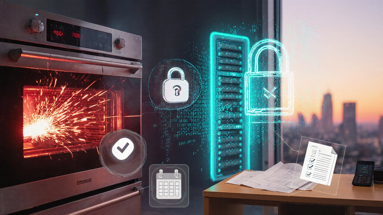 Collage showing broken oven, cyber lock, and architect plans with checklist icons.