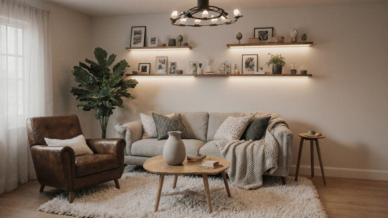 Cozy finished room with leather chair, linen sofa, shag rug, plants, and warm lighting.