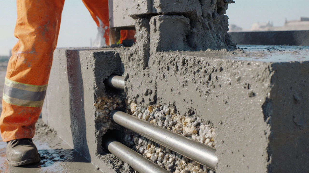 Cross‑section illustration of fresh concrete being poured with visible aggregates and steel rebars.