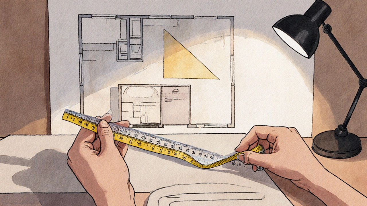 Designer measuring a kitchen plan with a 3‑ft aisle and 3×4‑ft zone highlighted.