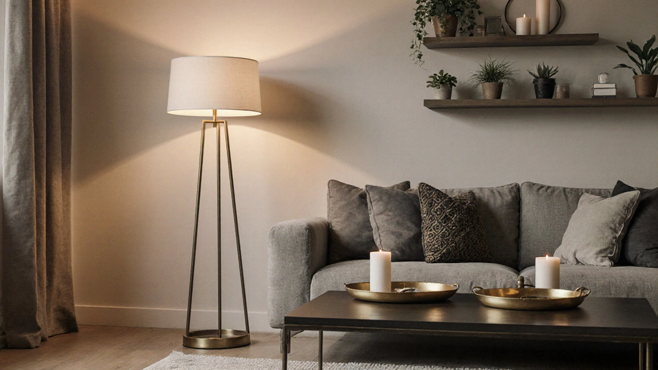 Finished room with floating sofa, floor lamp, decorative trays, and small plants under warm lighting.