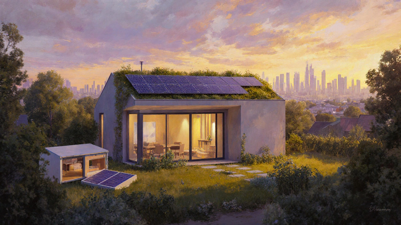 Future‑style eco home with solar panels and green roof beside a city skyline.