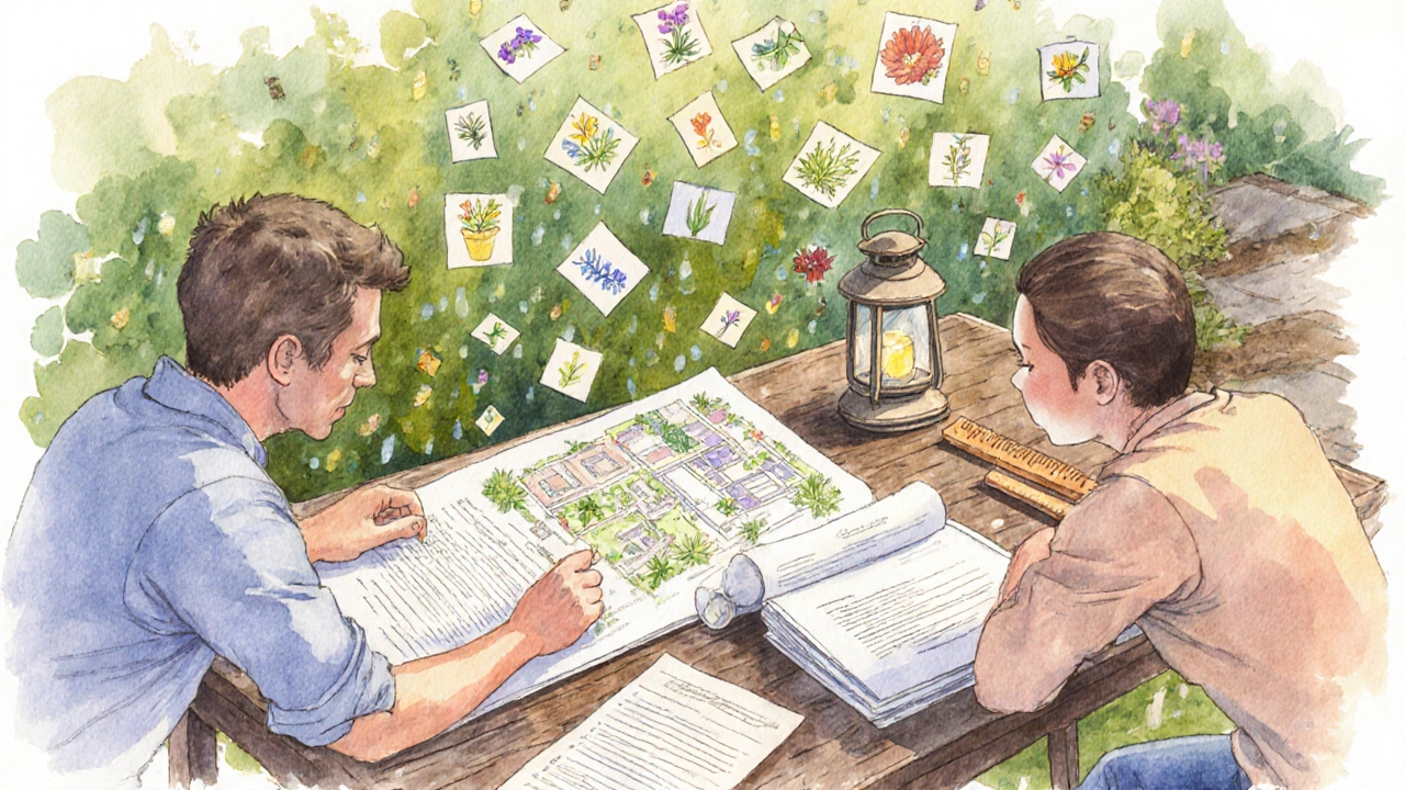 Homeowner and landscaper negotiating over sketches and an itemized contract on a garden table.