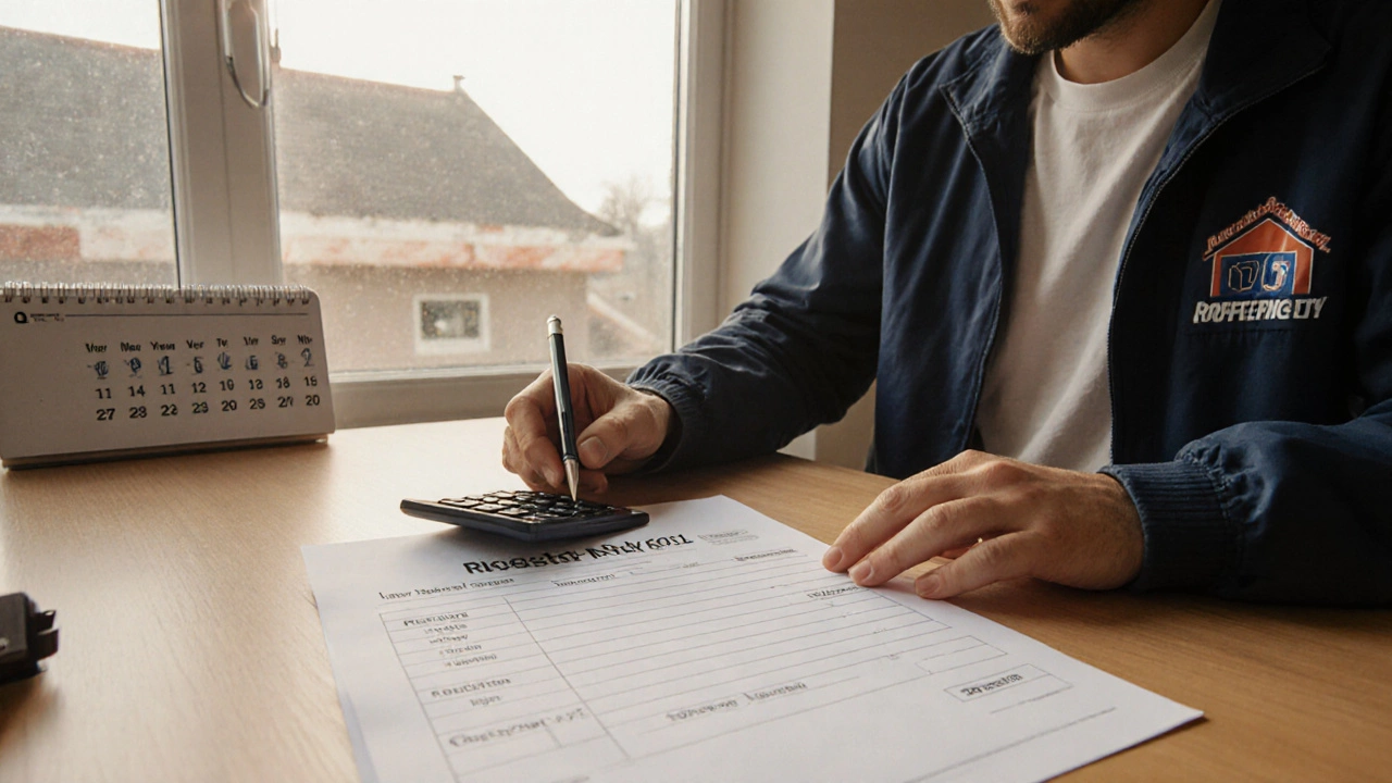Homeowner reviewing a roofing quote at a table with a roofer beside a finished roof view.
