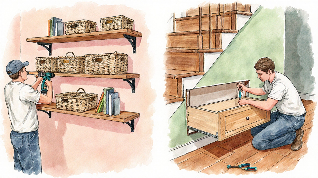 Illustrated DIY scene of floating shelves being installed and an under‑stair drawer.