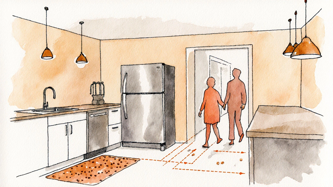 Illustrated kitchen scene with a fridge off-center, people moving along clear traffic lanes.
