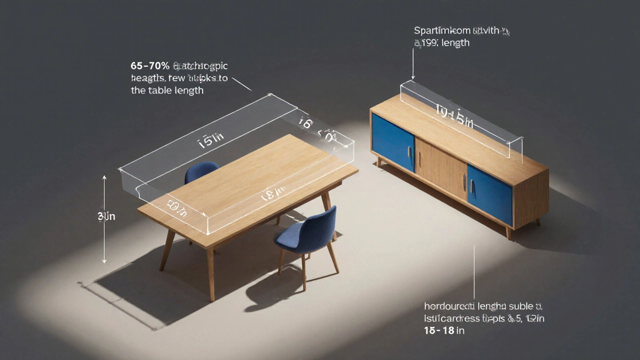 Isometric diagram showing table and sideboard with transparent measurement overlays.