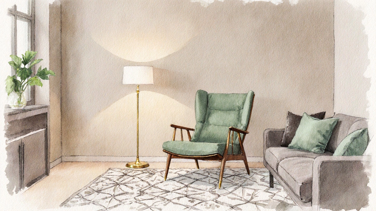 Living room with neutral taupe walls, sage green accents, brass lamp, and vintage armchair as statement piece.