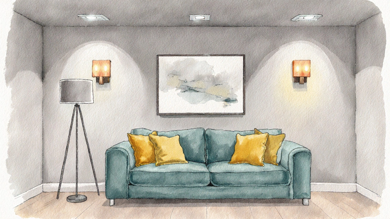 Living room with neutral walls, teal sofa, mustard cushions, and layered ambient, task, and accent lighting.