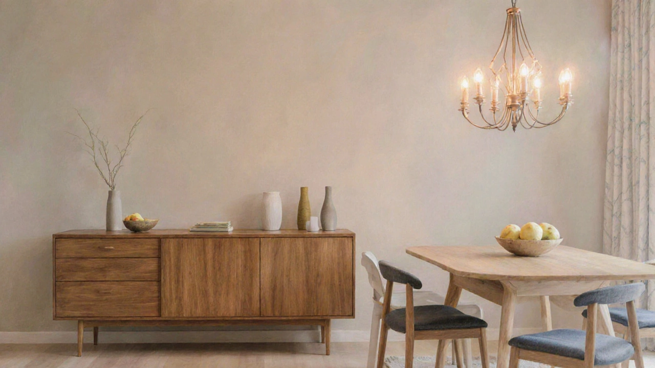 Pastel painting of a balanced dining setup with clear walking space around the sideboard.