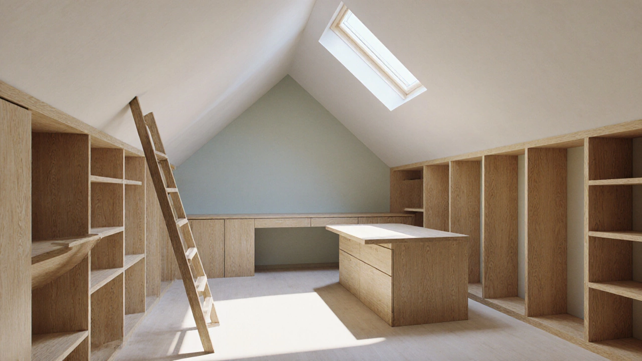 Rendered attic conversion featuring built‑in shelves, ladder, and skylight.