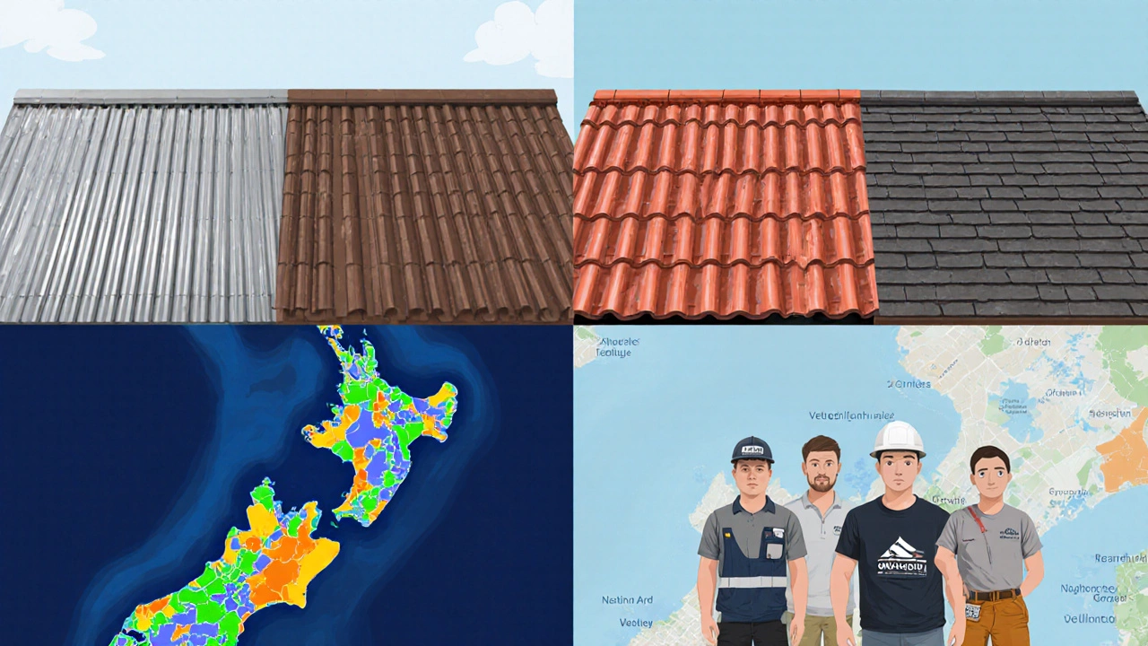 Split illustration showing metal, tile, shingle roofs and steep versus low pitch with crew and NZ map.