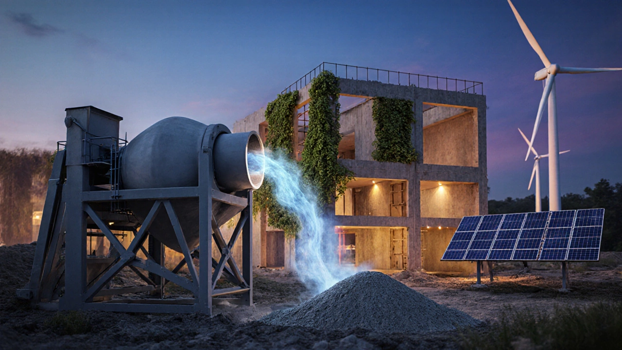 Sustainable construction scene showing CO₂‑infused concrete, solar panels, and green vines on walls.
