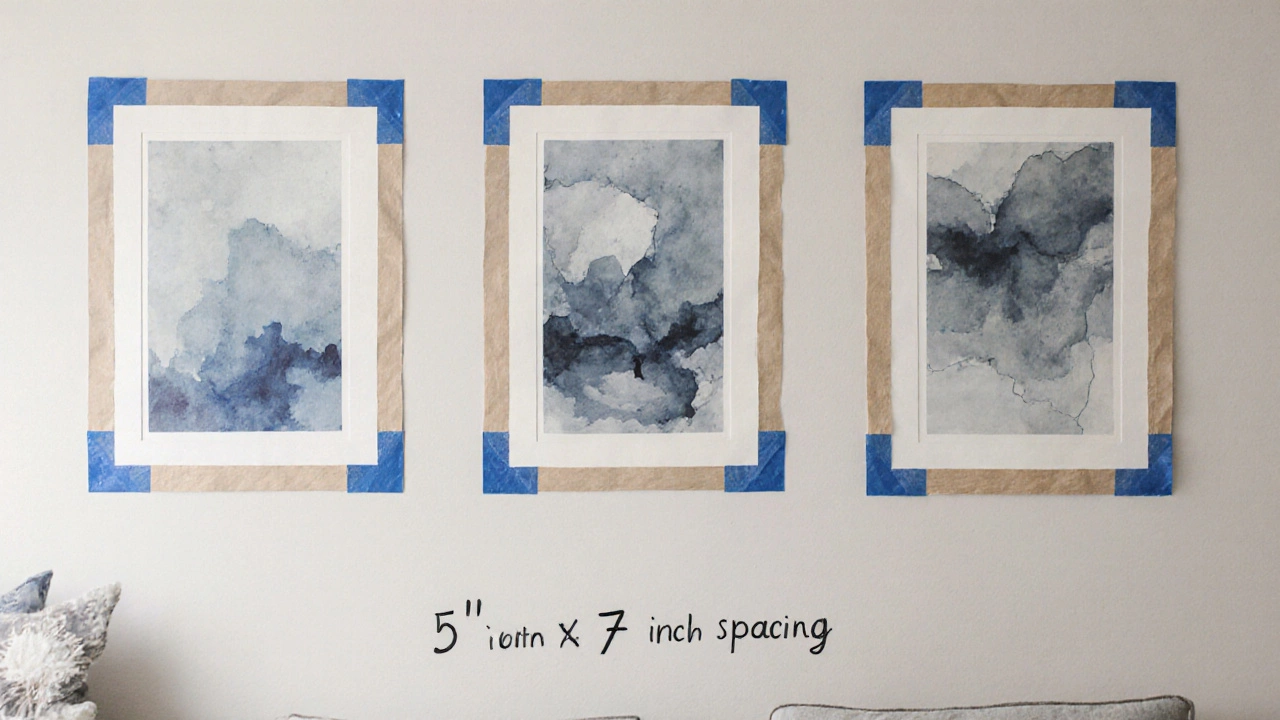 Three framed abstract prints positioned on a wall with painter's tape marks showing equal spacing.
