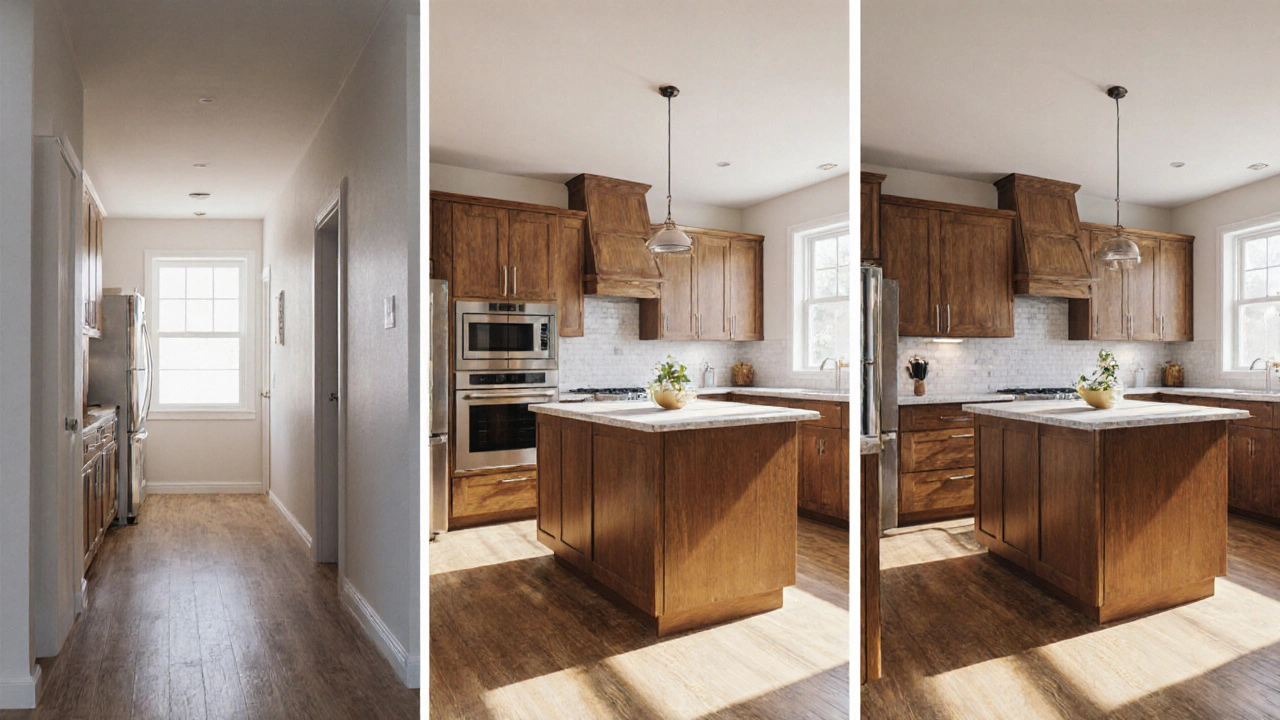 Three kitchen layouts comparing galley, L‑shaped and U‑shaped compliance with the 3×4 rule.