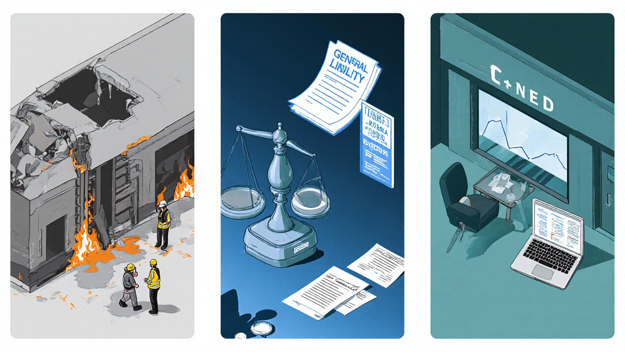 Three‑panel illustration of property damage, liability slip, and business interruption.
