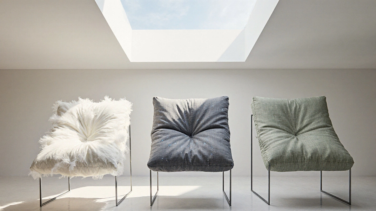 Three sofa cushions side by side: down‑feather, gel‑infused memory foam, and latex.